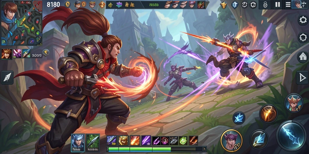Screenshot utama 8180 menampilkan aksi pertarungan seru dalam arena MOBA.