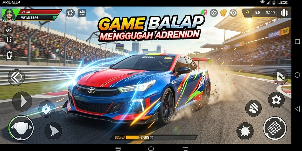 Tangkapan layar dari permainan balap dengan mobil yang melaju kencang.