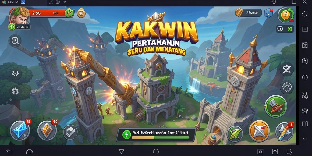 Tampilan gameplay KAKWIN dengan menara pertahanan yang aktif.