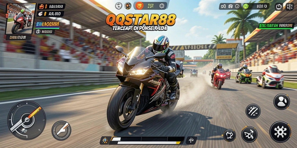 Screenshot gameplay QQSTAR88 menampilkan balapan motor yang seru dan cepat.
