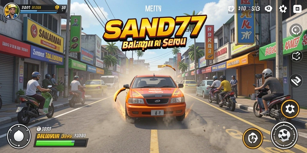 Gameplay SAND77 menampilkan mobil balap melaju cepat di lintasan.